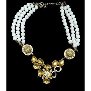 Vintage Floral Yellow And White Beaded Statement Necklace